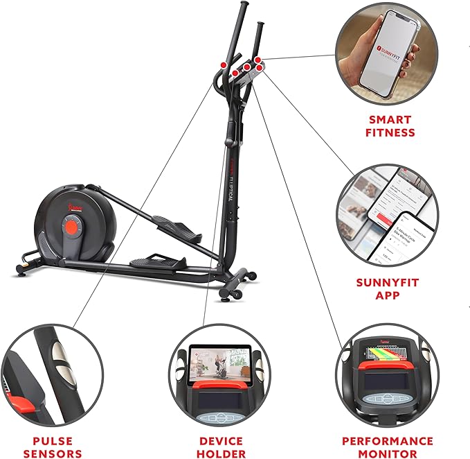Sunny Health & Fitness Smart 17" Stride Elliptical Machine Trainer w/Built-In Pulse Sensor & 16-Level Tension for Home Exercises, Free SunnyFit App Bluetooth Link, Optional Electro-Magnetic Resistance image 4