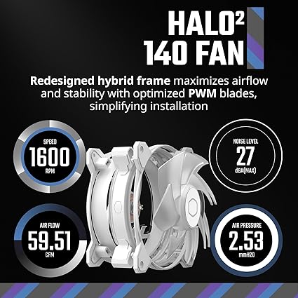 Cooler Master MF140 Halo² White PC Case Liquid Cooler Air Cooler Fan, 140mm Fan, Dual-Loop aRGB Rings, Dynamic PWM 2,050 RPM, Air Balance Blades, aRGB Lighting, Hybrid Frame image 3