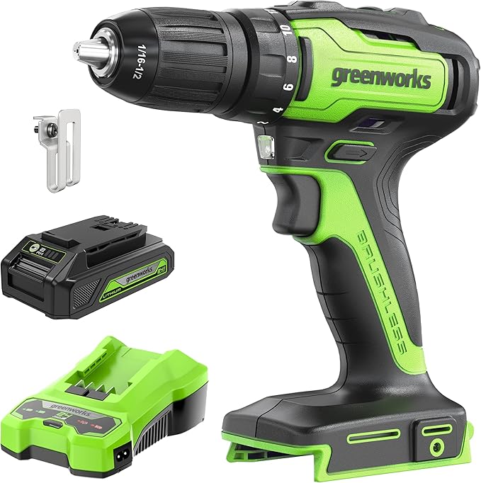 Greenworks 24V Brushless Drill / Driver, 2Ah USB Battery and Charger Included image 1
