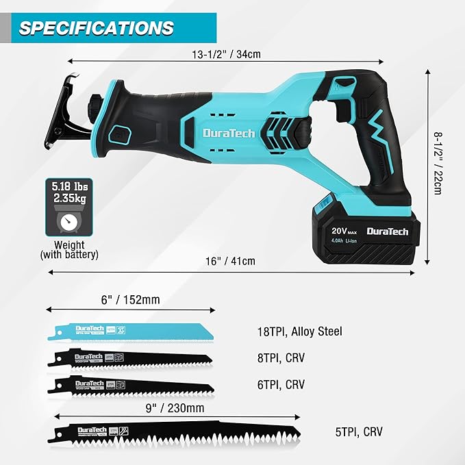 DURATECH Cordless Reciprocating Saw with 20V 4.0Ah Li-Ion Battery, 3000SPM, 7/8" Stroke Length, Variable Speed, Tool-Free Blade Change, 4 Saw Blades for Wood & Metal Cutting image 3