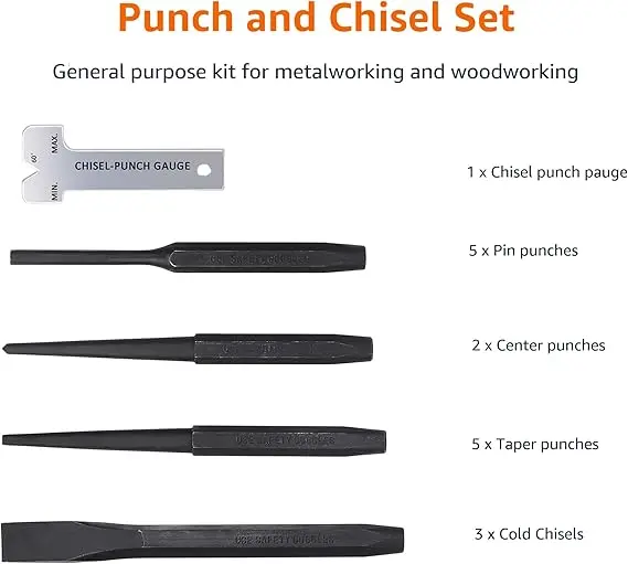 Amazon Basics 16-Piece Chrome Vanadium Steel Punch and Chisel Set with Storage Pouch image 3