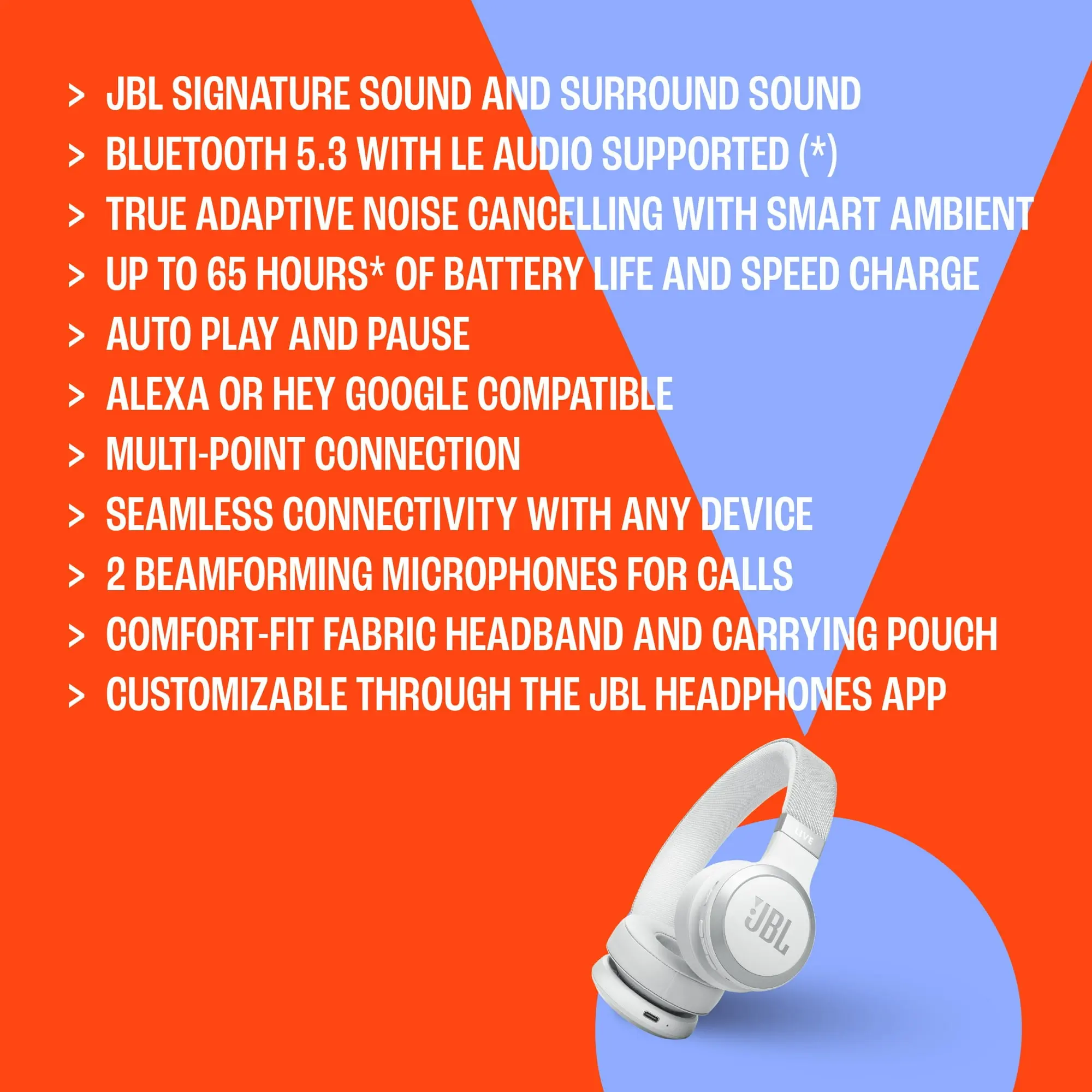 JBL Live 670NC - Wireless On-Ear Headphones with True Adaptive Noise Cancelling - White image 5