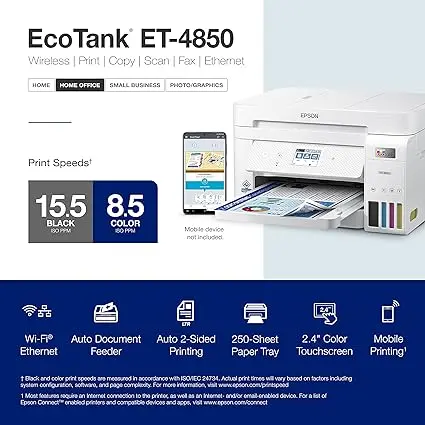 Epson EcoTank ET-4850 Wireless All-in-One Cartridge-Free Supertank Printer with Scanner, Copier, Fax, ADF and Ethernet – The Perfect Printer Office - White, Medium image 4
