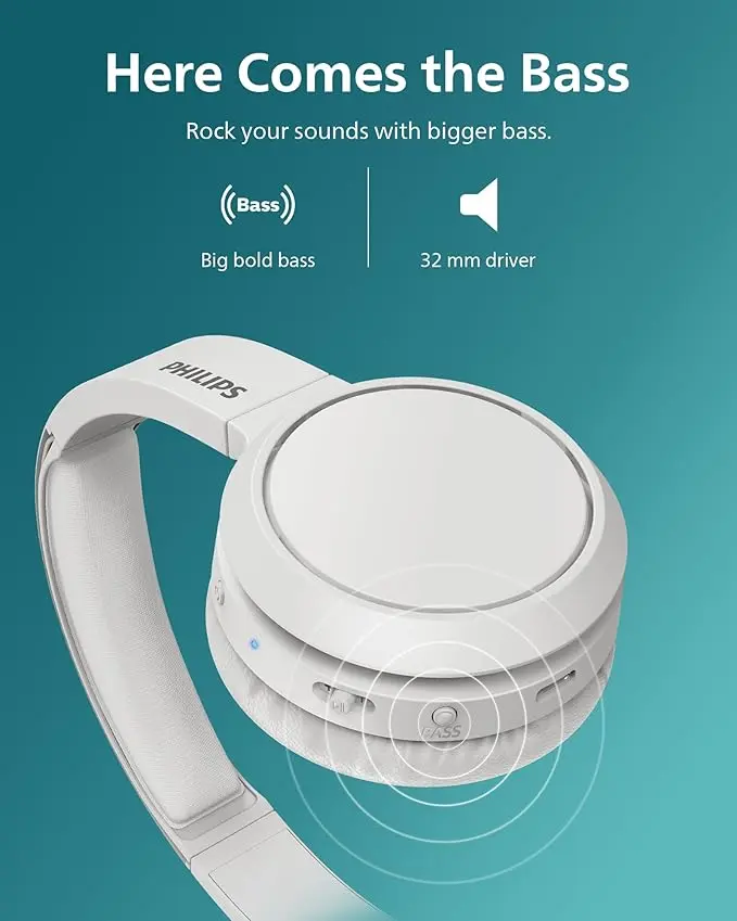 PHILIPS H4205 On-Ear Wireless Headphones with 32mm Drivers & BASS Boost on-Demand, White image 2