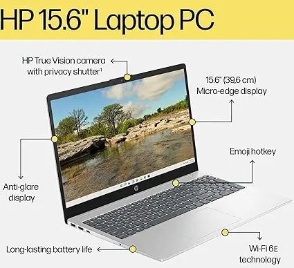 HP 15 15.6" FHD Laptop Computer Student and Business, Intel Quad-Core Processor (Beat i3-1115G4), 16GB DDR4 RAM, 256GB PCIe SSD, WiFi 6E, Bluetooth 5.3, HDMI, Type-C, Silver, Windows 11 Pro, Wendbo image 2