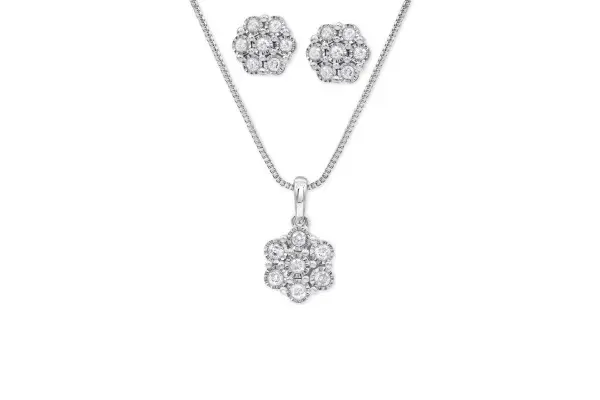 Macy's 2-Pc. Set Diamond Cluster Pendant Necklace & Matching Stud Earrings (1/2 ct. t.w.) in Sterling Silver image