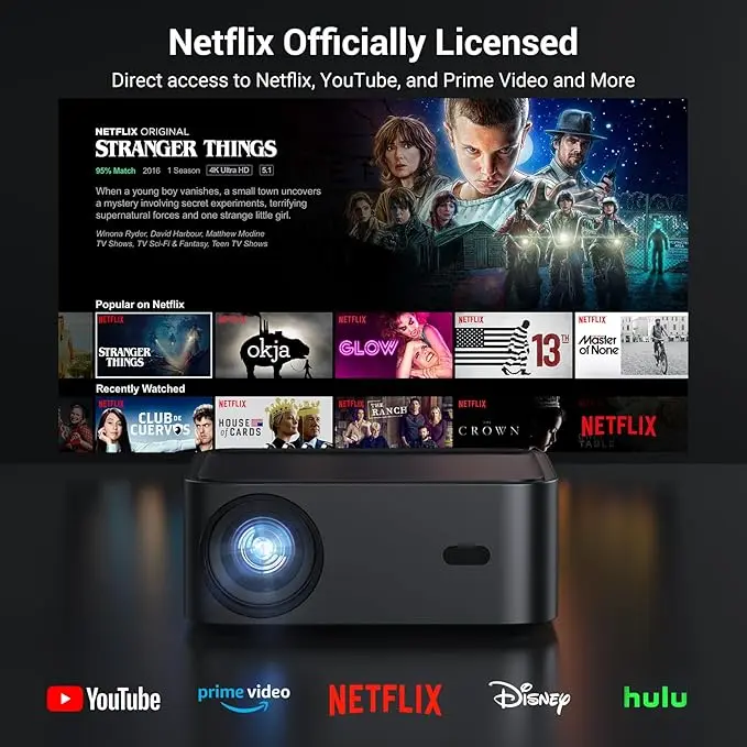 Official Licensed Netflix Smart Projector, HAPPRUN Projector 4K with Wifi and Bluetooth, DoIby Audio, Built-in Apps, Native 1080P 1000ANSI, Electric Focus, Portable Projector for Home Cinema, Bedroom image 2