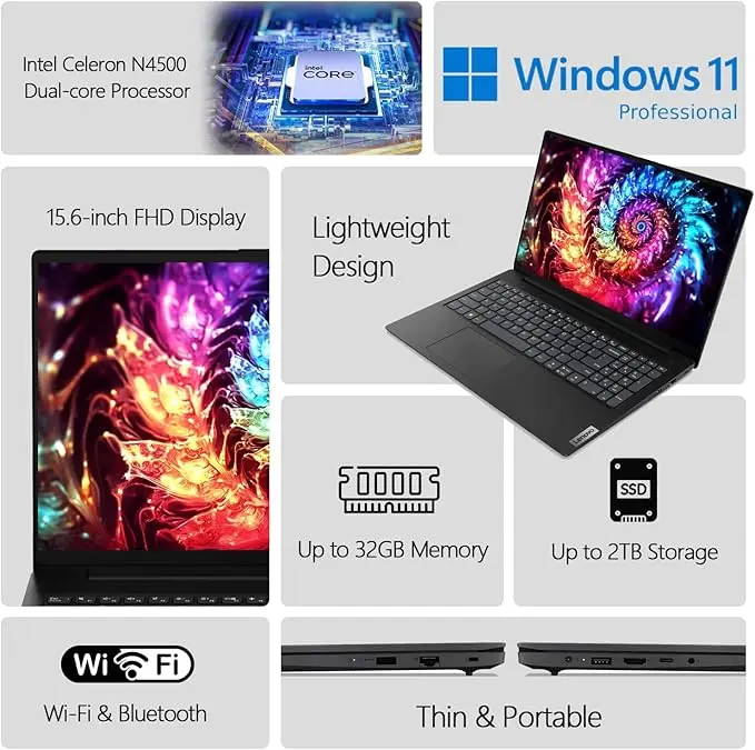 Lenovo 15.6" FHD Laptop Computer for Business and Student, Intel Dual Core Processor, 32GB DDR4 RAM, 1TB PCIe SSD, WiFi 6, BT 5.2, Type-C, HDMI, Numeric Keypad, Black, Windows 11 Pro, Wendbo Cable image 2