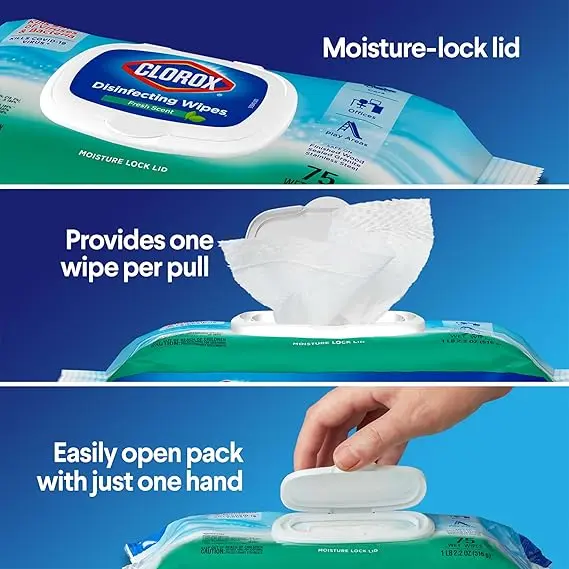 Clorox Disinfecting Wipes, Bleach Free, Household Essentials, Fresh Scent, Moisture Seal Lid, 75 Cleaning Wipes, Pack of 3 (New Packaging) image 5