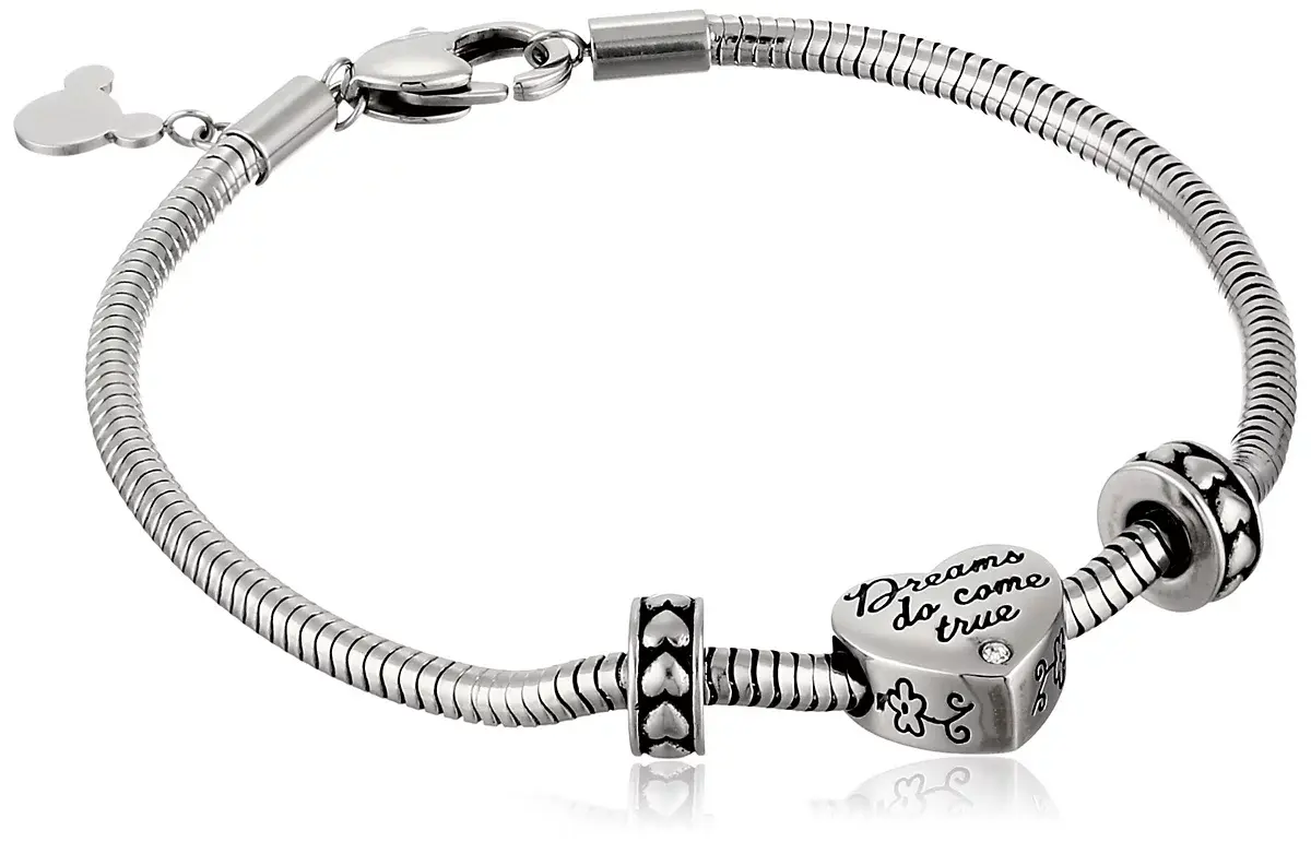 Disney Stainless Steel Heart Bead Charm 2 Stoppers Small and Medium Starter Bracelet, 7.5 image 1