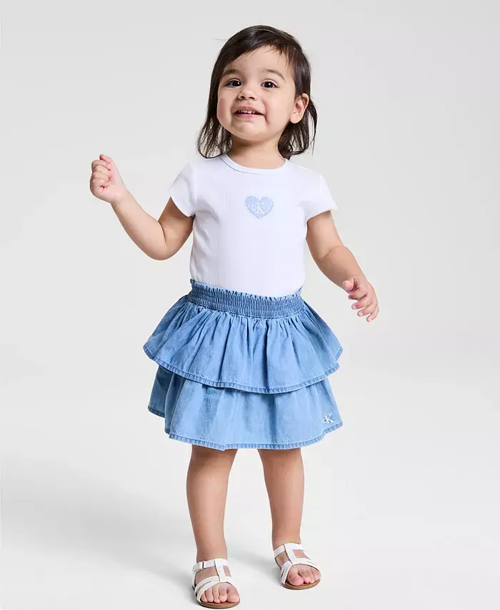 Baby Girls Ribbed Logo Bodysuit & Denim Skirt, 2 Piece Set image 1