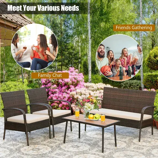 Costway 4PCS Patio Rattan Furniture Set Outdoor Conversation Set Coffee Table w/Cushions image 4