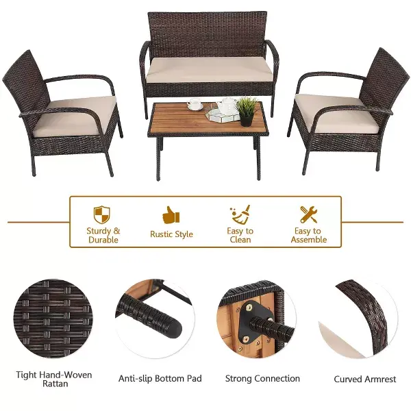 Costway 4PCS Patio Rattan Furniture Set Outdoor Conversation Set Coffee Table w/Cushions image 6