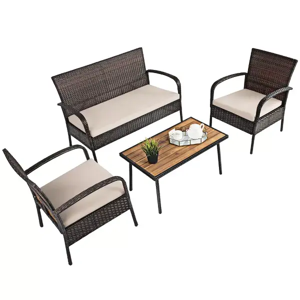 Costway 4PCS Patio Rattan Furniture Set Outdoor Conversation Set Coffee Table w/Cushions image 8