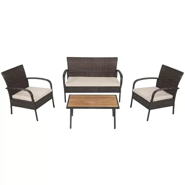 Costway 4PCS Patio Rattan Furniture Set Outdoor Conversation Set Coffee Table w/Cushions image 9