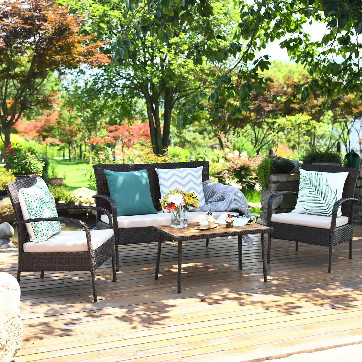 Costway 4PCS Patio Rattan Furniture Set Outdoor Conversation Set Coffee Table w/Cushions image