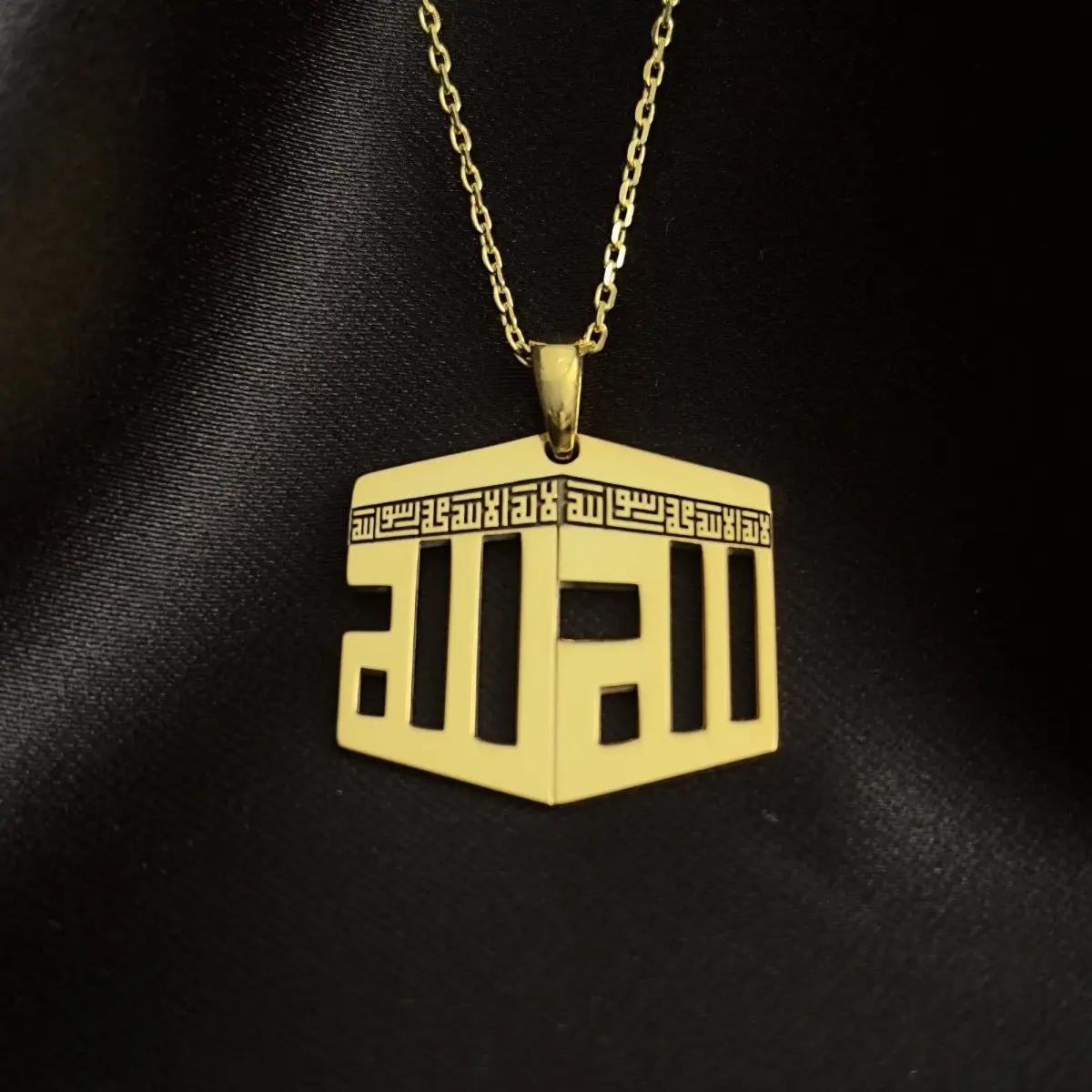 3D Kaaba Design Islamic Necklace - 18K Gold Plated Silver Pendant image 1