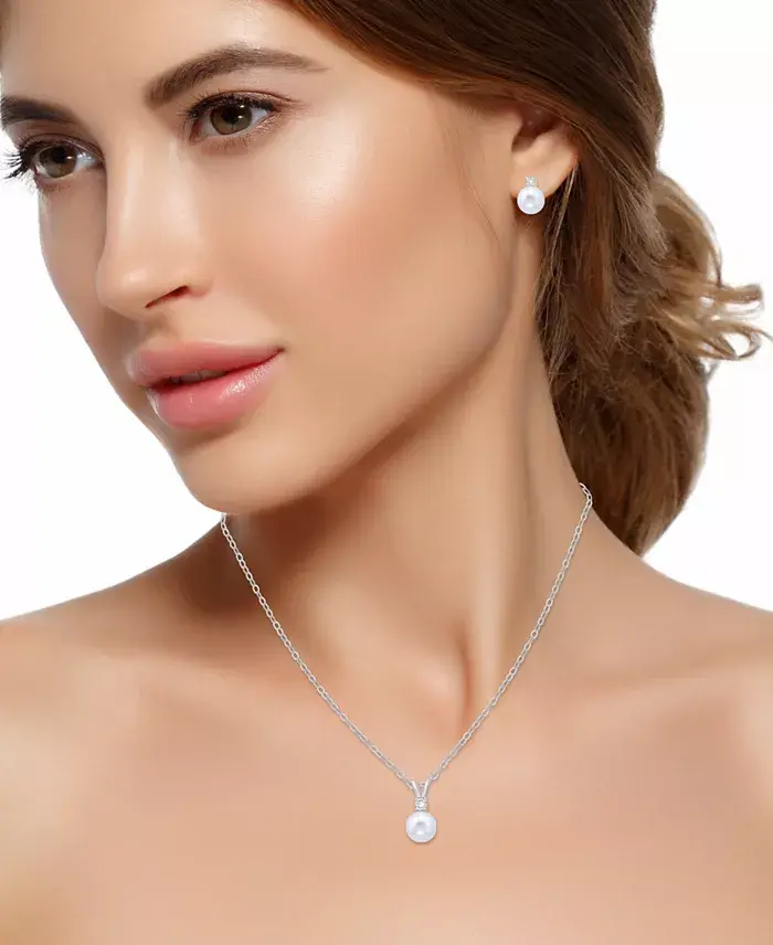 2-Piece Set Dyed Black Pearl (6mm) & White Topaz Accent Pendant Necklace & Matching Stud Earrings in Sterling Silver (Also in White & Dyed Pink Cultured Freshwater Pearl) image 3