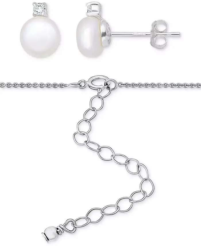 2-Piece Set Dyed Black Pearl (6mm) & White Topaz Accent Pendant Necklace & Matching Stud Earrings in Sterling Silver (Also in White & Dyed Pink Cultured Freshwater Pearl) image 4