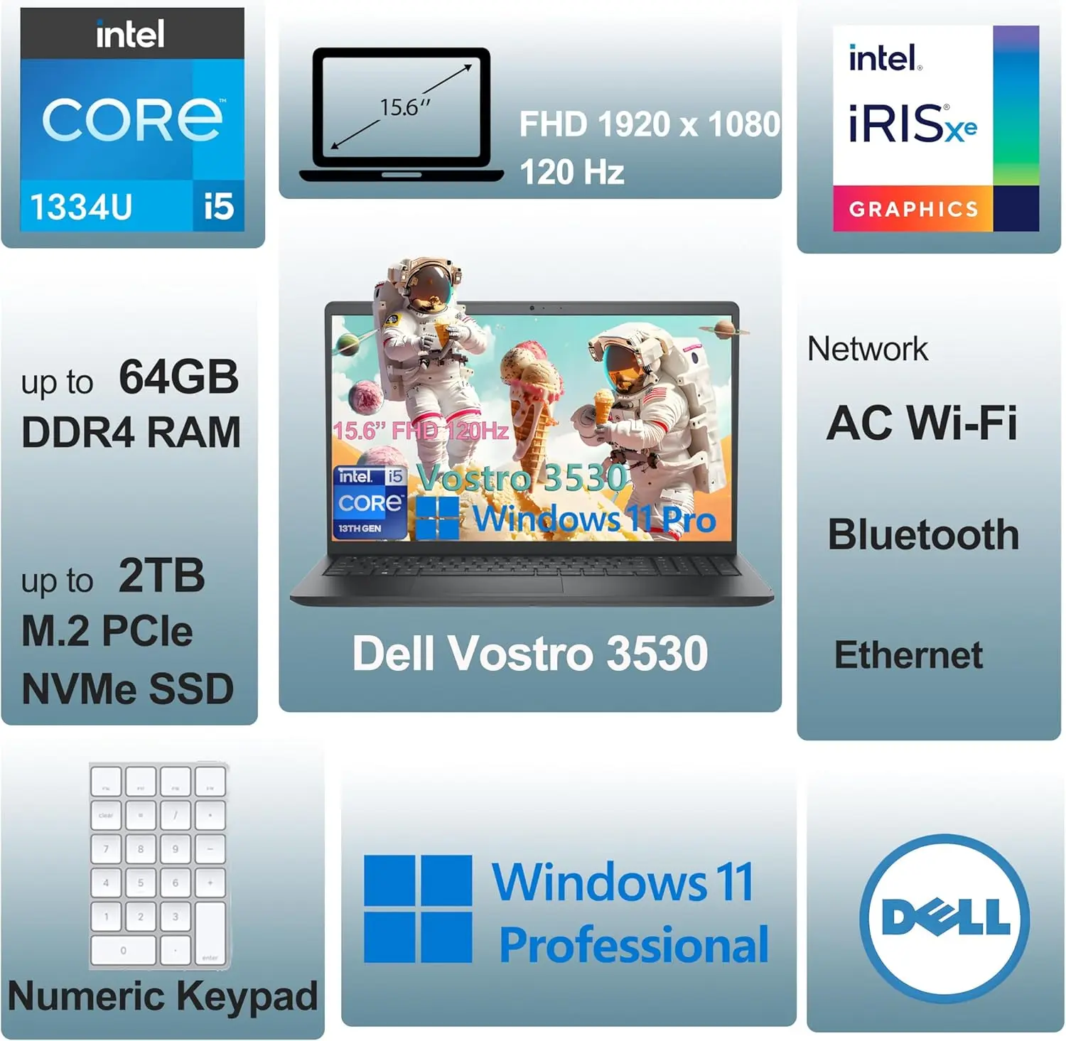Dell 15 3530 Laptop - Business & Home Student Laptop Computer, Intel 10-Core i5-1334U (Beat i7-1250U), 120Hz FHD Vostro Laptop, WiFi, Bluetooth, Windows 11 Pro (32GB RAM | 1TB PCIe SSD), AZ-XUT image 2
