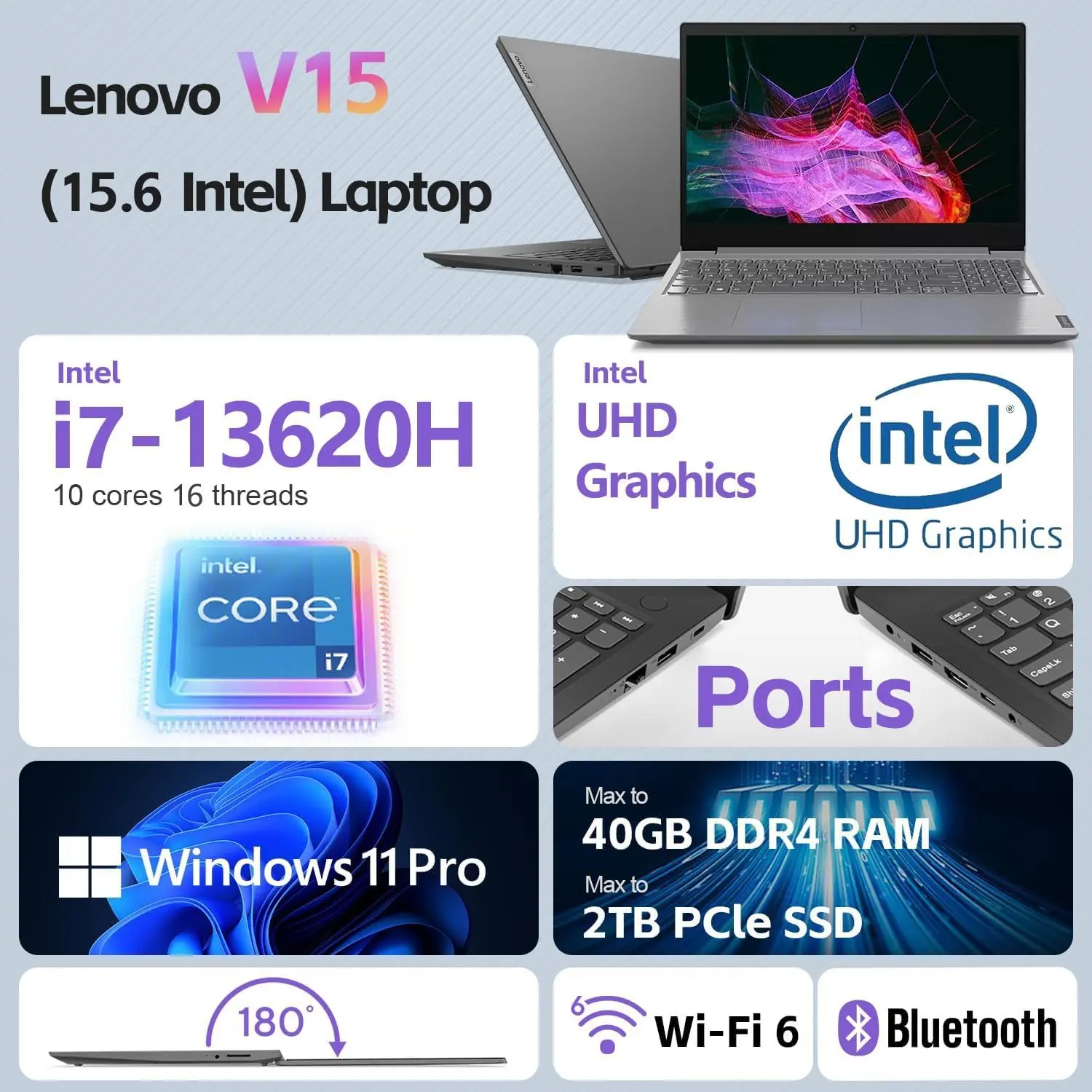 Lenovo 15.6" Laptop, Intel 10-Core i7-13620H (Beat Ultra 7 255U), 24GB DDR4 RAM, 1TB PCIe SSD, WiFi 6, Bluetooth 5.2, FHD Computer for Business & Student, RJ45, Type-C, HDMI, Windows 11 Pro, Wendbo image 2