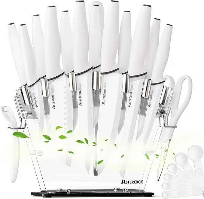 Astercook Knife Set for Kitchen with Block and Sharpener 22 Piece Kitchen Knives Sharp Blade Dishwasher Safe Knife Block Set with Ergonomic Handle, Elegant White image 1