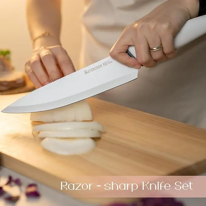 Astercook Knife Set for Kitchen with Block and Sharpener 22 Piece Kitchen Knives Sharp Blade Dishwasher Safe Knife Block Set with Ergonomic Handle, Elegant White image 2