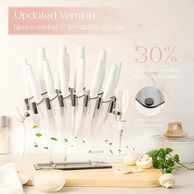 Astercook Knife Set for Kitchen with Block and Sharpener 22 Piece Kitchen Knives Sharp Blade Dishwasher Safe Knife Block Set with Ergonomic Handle, Elegant White image 5