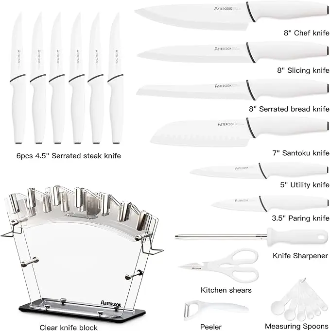 Astercook Knife Set for Kitchen with Block and Sharpener 22 Piece Kitchen Knives Sharp Blade Dishwasher Safe Knife Block Set with Ergonomic Handle, Elegant White image 6