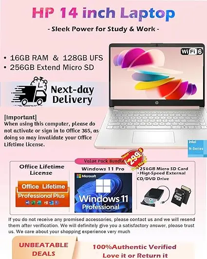 HP Business Student Laptop Computer - Windows 11 Pro & Microsoft Office Lifetime | 14 inch HD | AI-Powered, Long Batter Hr N-Serious Laptop| 16GB RAM, 128GB UFS, 256GB Extend Micro SD | Rose Gold image 2