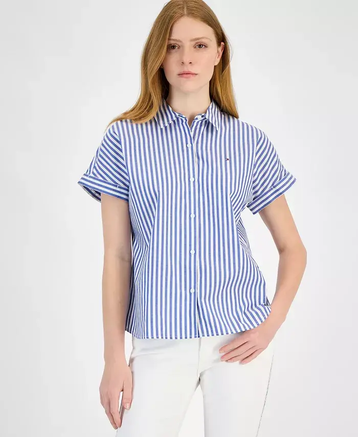  Women's Cotton Striped Cuffed-Sleeve Shirt image 2