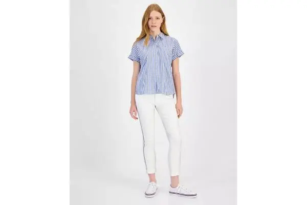  Women's Cotton Striped Cuffed-Sleeve Shirt image