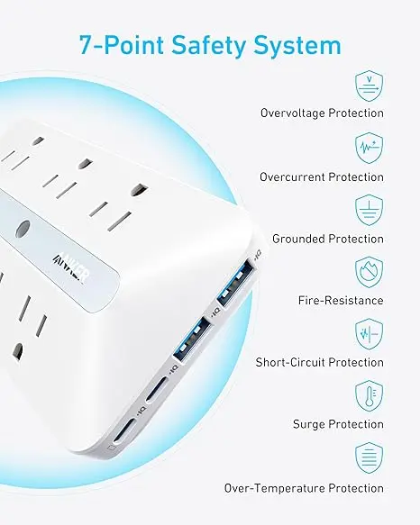 Anker Wall Charger, 300J Surge Protector, 10-in-1 Outlet Extender, 6 AC, 2 USB A, 2 USB C Ports, Wide-Spaced Outlets and 20W Fast Charging, Desk Charging Station, Home Office, Dorm, Room Essential image 6