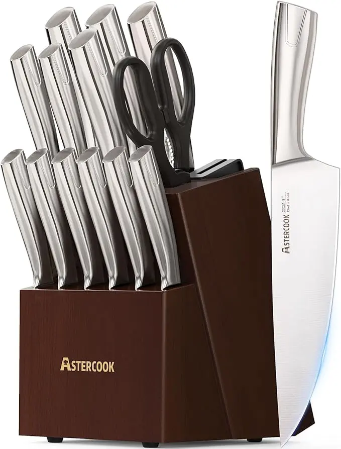 Astercook Knife Set, Kitchen Knives Set with Block and Sharpener Full Tang 15 Pcs Premium Stainless Steel Knives Ultra Sharp Blade Dishwasher Safe Knife Set with Anti-slip Ergonomic Handle, Walnut image 1