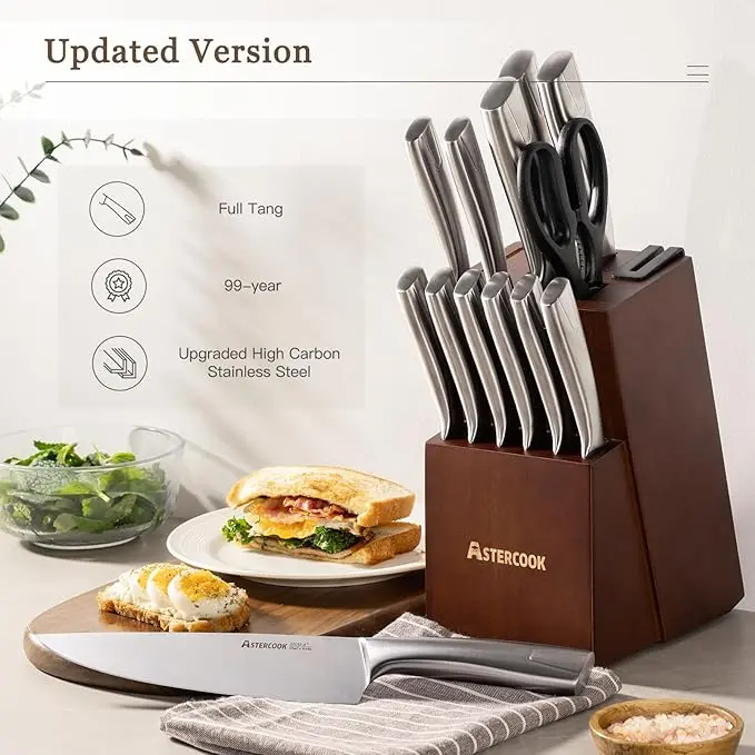Astercook Knife Set, Kitchen Knives Set with Block and Sharpener Full Tang 15 Pcs Premium Stainless Steel Knives Ultra Sharp Blade Dishwasher Safe Knife Set with Anti-slip Ergonomic Handle, Walnut image 2