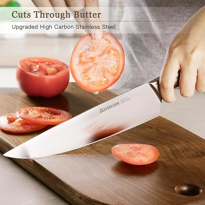 Astercook Knife Set, Kitchen Knives Set with Block and Sharpener Full Tang 15 Pcs Premium Stainless Steel Knives Ultra Sharp Blade Dishwasher Safe Knife Set with Anti-slip Ergonomic Handle, Walnut image 3