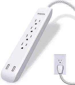 Philips 4 Outlet Power Strip Surge Protector with 2 USB Ports, 4 Ft Power Cord, Designer Braided Extension Cord, Flat Plug Extension Cord, 720 Joules, White, SPC6244WC/37 image 1