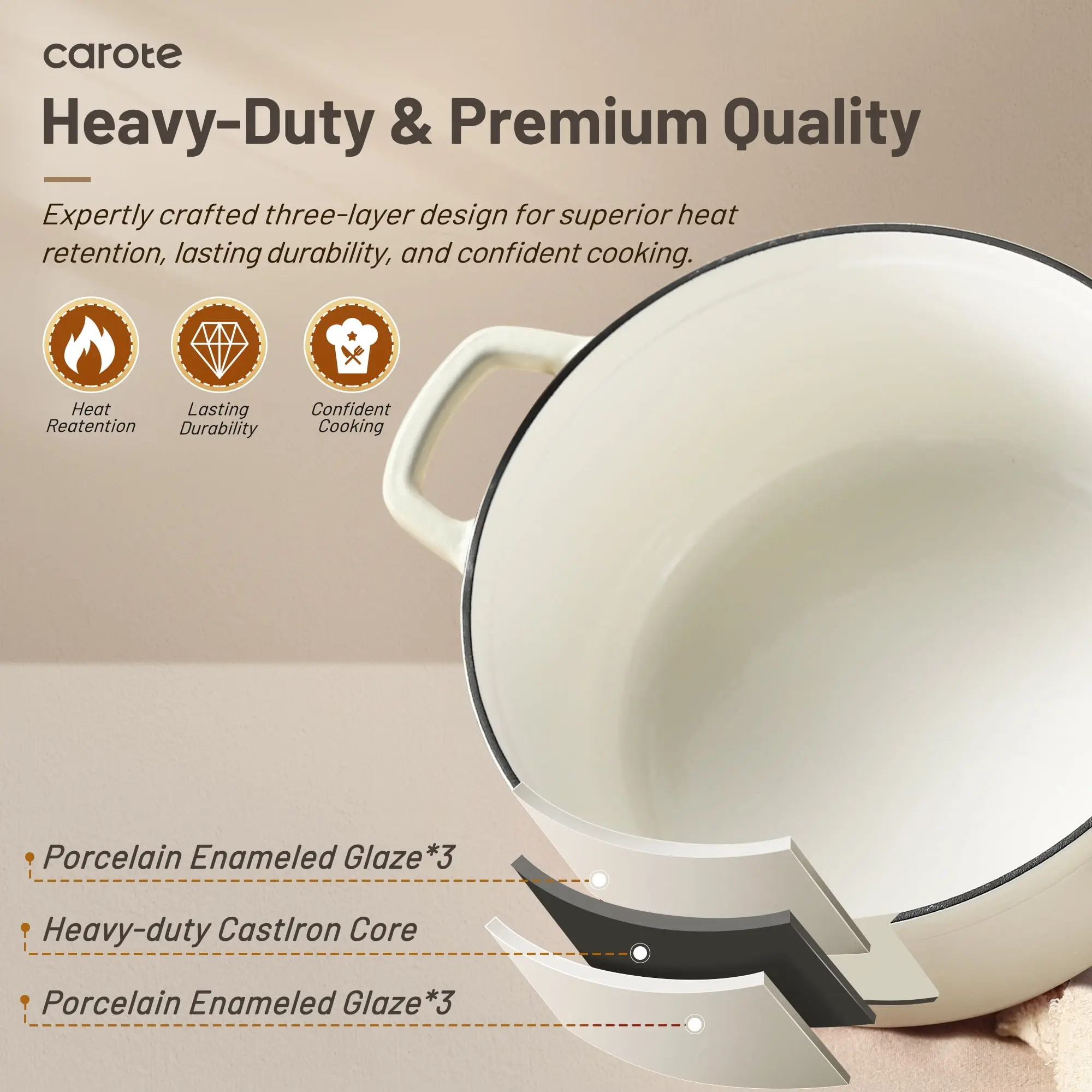 Carote Enameled Cast Iron Dutch Oven, 5QT Pot with Lid for Cooking, Roasting, Baking & Braising, Easy Cleaning, White image 3