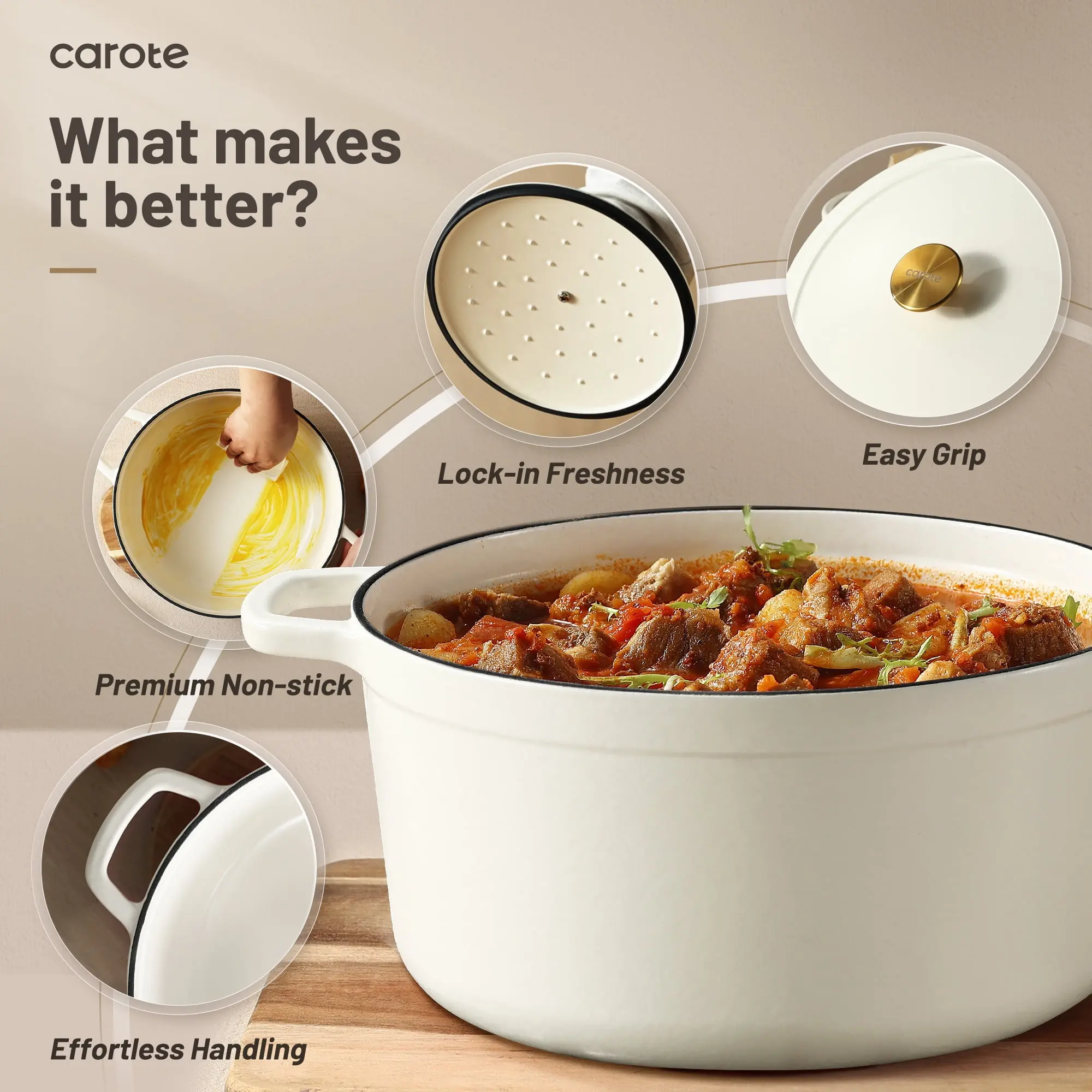 Carote Enameled Cast Iron Dutch Oven, 5QT Pot with Lid for Cooking, Roasting, Baking & Braising, Easy Cleaning, White image 6