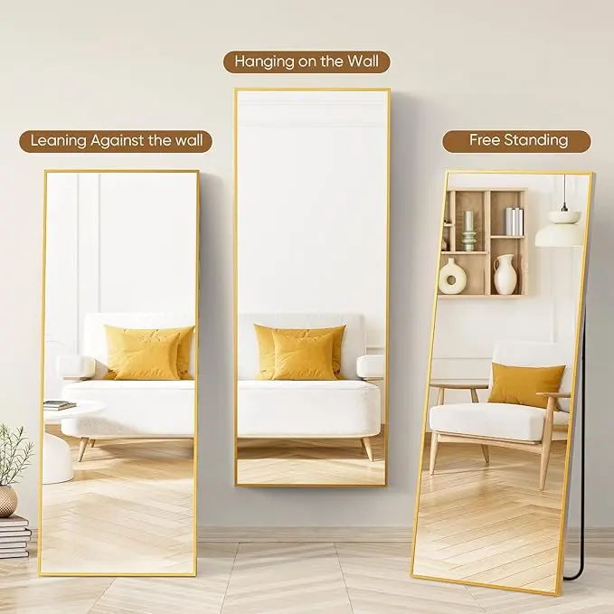 DUMOS Full Length Mirror with Stand 71"x26" Floor Standing Aluminum Frame for Bedroom Body Hanging Leaning Modern Simple Home Decor Shatter-proorf Nano Glass Wall Living Room Cloakroom Gold image 2
