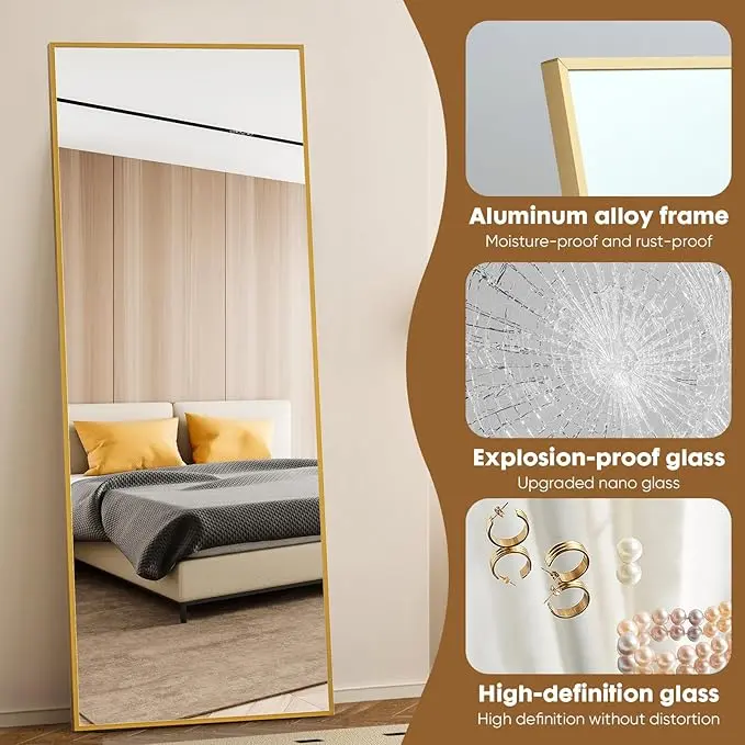 DUMOS Full Length Mirror with Stand 71"x26" Floor Standing Aluminum Frame for Bedroom Body Hanging Leaning Modern Simple Home Decor Shatter-proorf Nano Glass Wall Living Room Cloakroom Gold image 3