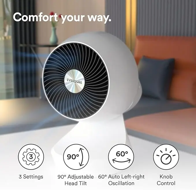 Everdure 9” Oscillating Desk or Table Fan, 3 Speed Settings, Targeted Airflow Control, Low Noise, Modern Design, Portable, Perfect Cooling Fan for Bedroom, Living Room, Home Office, White image 2