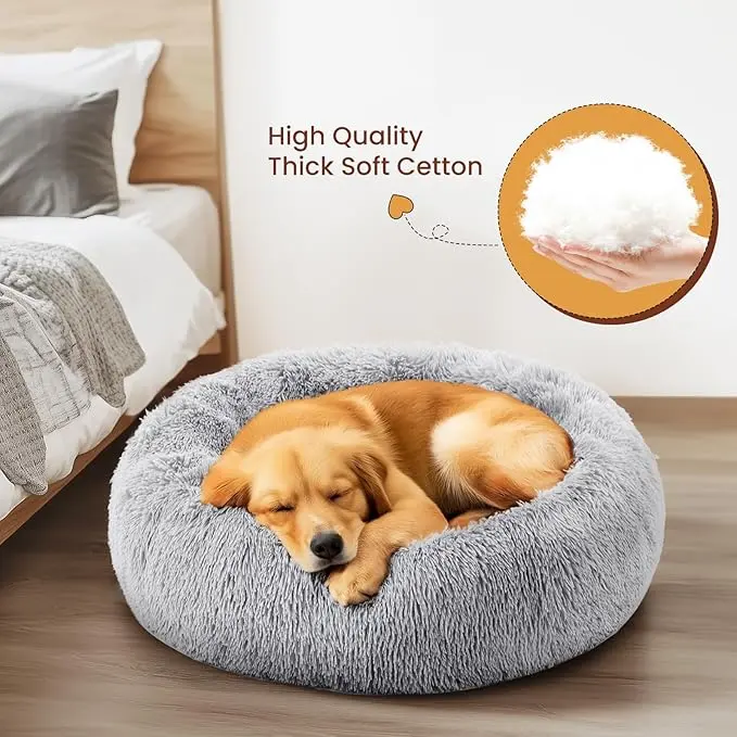 DUMOS Calming Donut Cat & Dog Bed for Medium Dogs, Machine Washable Cuddle Warming Cozy Fluffy Faux Fur Plush Round Dog Bed, Anti-Anxiety Waterproof Anti-Slip Pet Bed, Grey, 24×24×8 Inches image 4