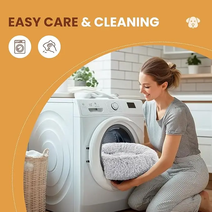 DUMOS Calming Donut Cat & Dog Bed for Medium Dogs, Machine Washable Cuddle Warming Cozy Fluffy Faux Fur Plush Round Dog Bed, Anti-Anxiety Waterproof Anti-Slip Pet Bed, Grey, 24×24×8 Inches image 5
