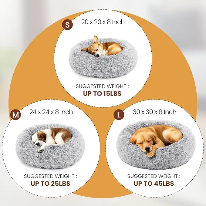DUMOS Calming Donut Cat & Dog Bed for Medium Dogs, Machine Washable Cuddle Warming Cozy Fluffy Faux Fur Plush Round Dog Bed, Anti-Anxiety Waterproof Anti-Slip Pet Bed, Grey, 24×24×8 Inches image 6