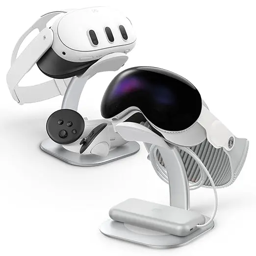 Spigen Stand Designed for Apple Vision Pro and Meta Quest 3/Meta Quest 3S - Premium Aluminum Universal VR Headset Display Dock Station - Silver image 1