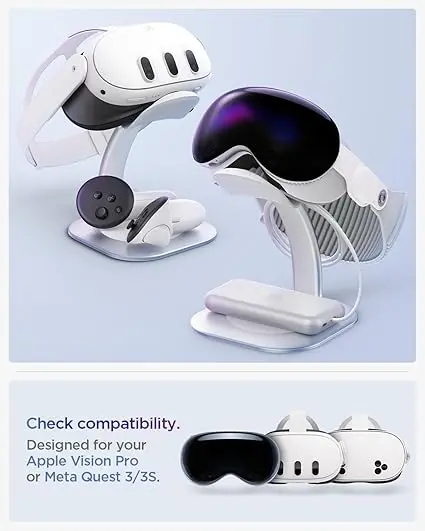 Spigen Stand Designed for Apple Vision Pro and Meta Quest 3/Meta Quest 3S - Premium Aluminum Universal VR Headset Display Dock Station - Silver image 2