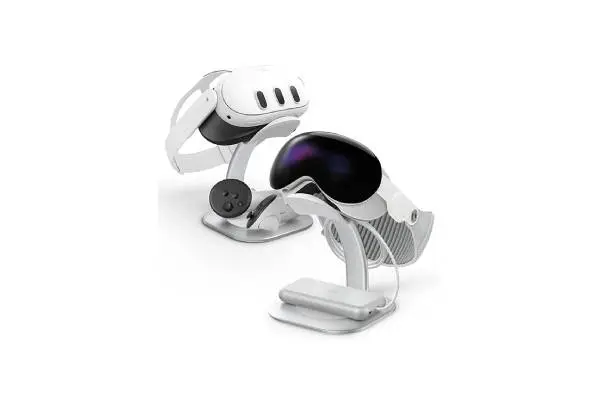 Spigen Stand Designed for Apple Vision Pro and Meta Quest 3/Meta Quest 3S - Premium Aluminum Universal VR Headset Display Dock Station - Silver image