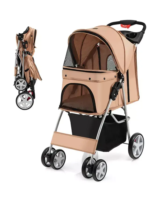 Folding Dog Stroller for Small Medium Dogs Cats Puppy, 4 Lockable Wheels Cat Stroller Pet Travel Carrier Strolling Cart, Safety Belt, Removable Liner and Storage Basket (Beige) Shipped and sold by Kuyotq image 1
