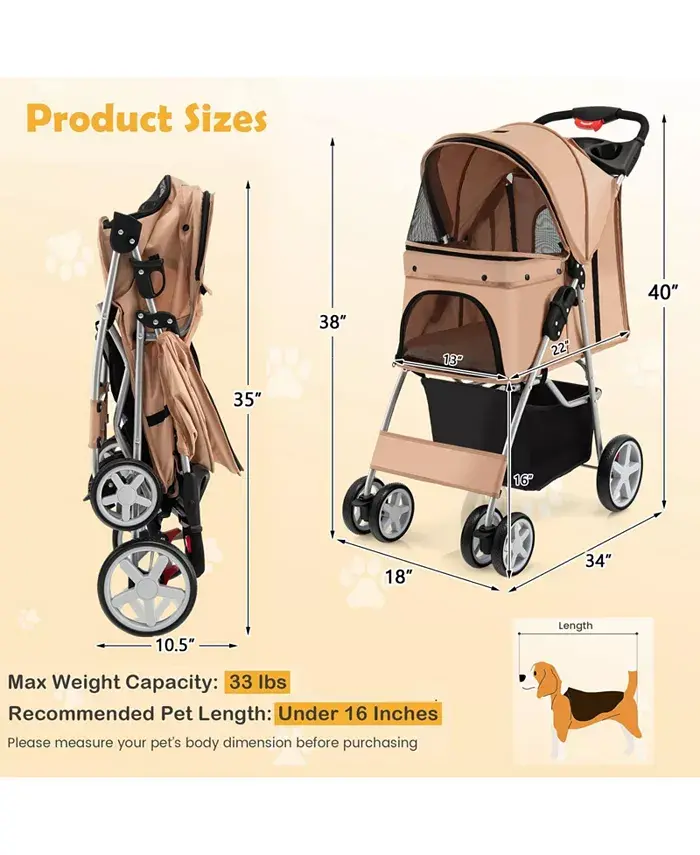Folding Dog Stroller for Small Medium Dogs Cats Puppy, 4 Lockable Wheels Cat Stroller Pet Travel Carrier Strolling Cart, Safety Belt, Removable Liner and Storage Basket (Beige) Shipped and sold by Kuyotq image 2
